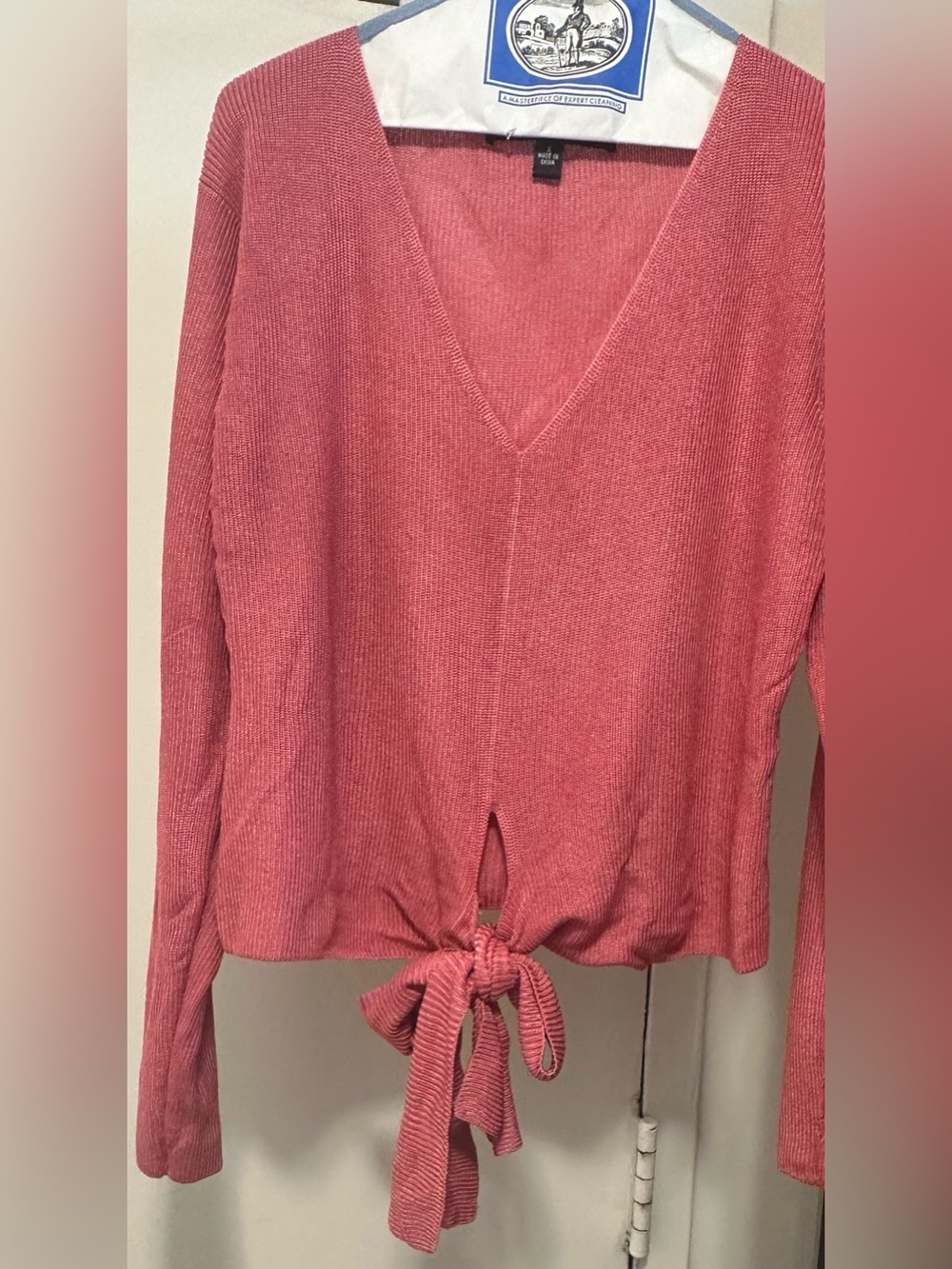 Ribbed V-Neck Tie-Front Top - Rose 100%silk